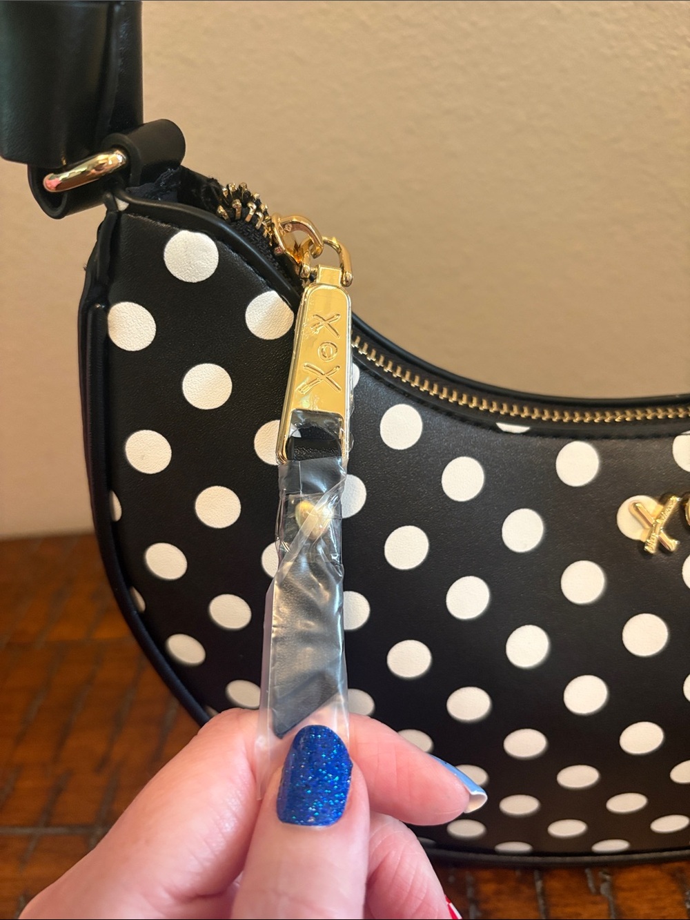 Betsey Johnson Black & White Polka Dot Crescent Shoulder Bag with Cherry Charm - Picture 3 of 16